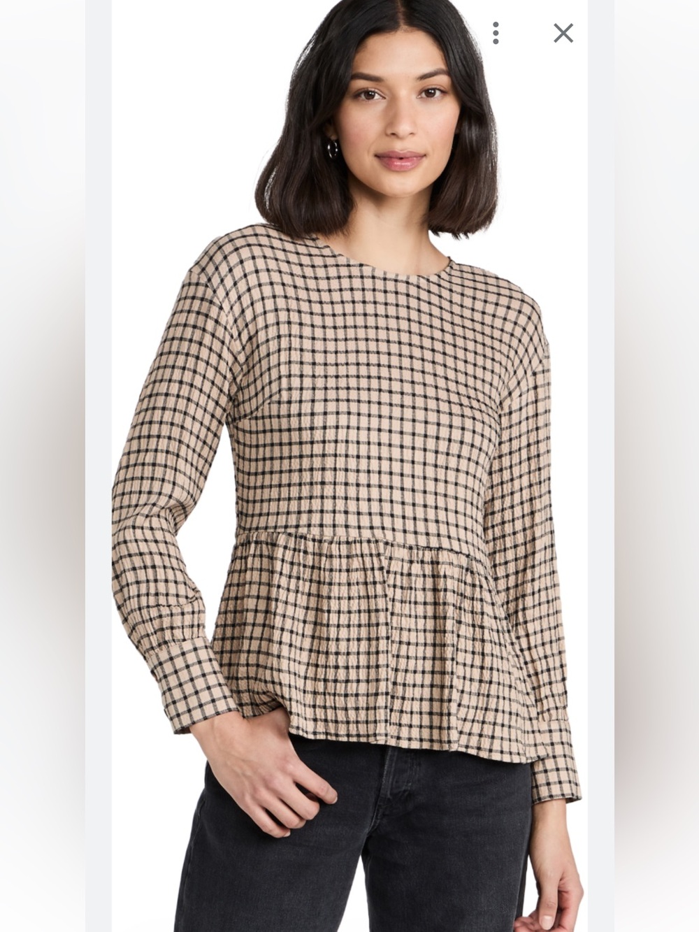 Madewell Button Back Peplum Top in Mini Windowpane Beige/Black size M
